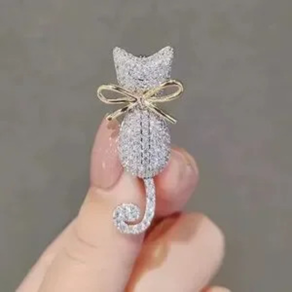 Sparkling Cat Brooch Pin with Gold Bow